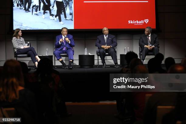 Jessie Korner, Ambassador Andrew Young, Professor Bernard Lafayette and Mayor James Perkins speak onstage during "Passing The Torch From Selma To...
