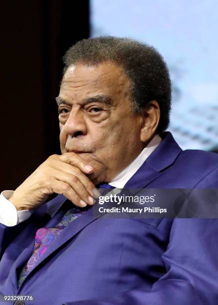 Ambassador Andrew Young speaks onstage during "Passing The Torch From Selma To Today" documentary screening at Skirball Cultural Center on February...