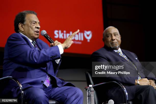 Ambassador Andrew Young and Professor Bernard Lafayette speak onstage during "Passing The Torch From Selma To Today" documentary screening at...
