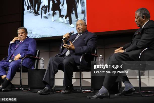Ambassador Andrew Young, Professor Bernard Lafayette and Mayor James Perkins speak onstage during "Passing The Torch From Selma To Today" documentary...