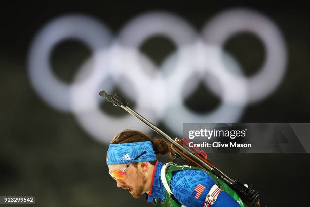 Sean Doherty of the United States warms up prior to the Men's 4x7.5km Biathlon Relay on day 14 of the PyeongChang 2018 Winter Olympic Games at...