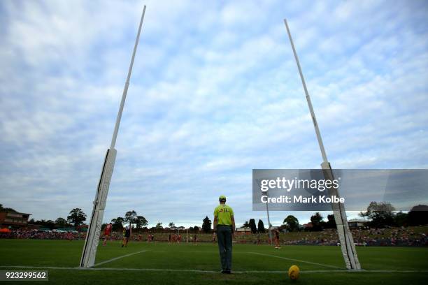 General view is seen as the goal umpire signals a goal during the AFL Inter Club match between the Sydney Swans and the Greater Western Sydney Giants...