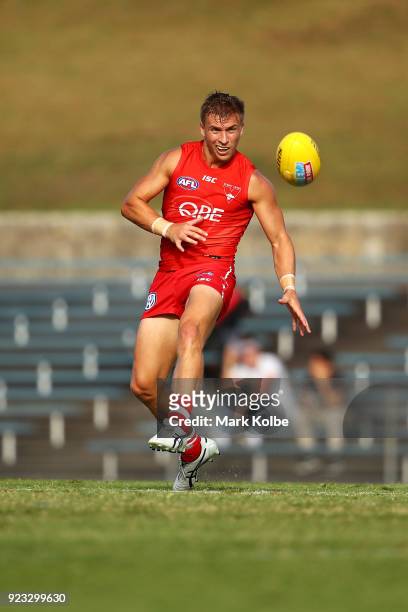Kieren Jack of the Swans kicks during the AFL Inter Club match between the Sydney Swans and the Greater Western Sydney Giants at Henson Park on...