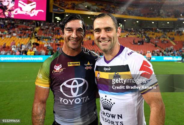Johnathan Thurston of the Cowboys and Cameron Smith of the Storm embrace after the NRL trial match and Jonathan Thurston/Cameron Smith Testimonial...
