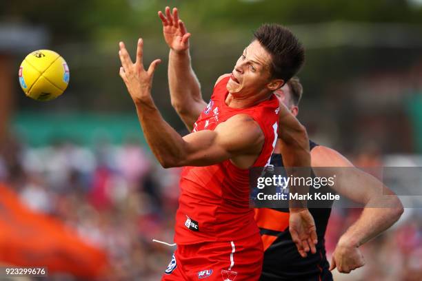 Callum Sinclair of the Swans attempts to mark during the AFL Inter Club match between the Sydney Swans and the Greater Western Sydney Giants at...