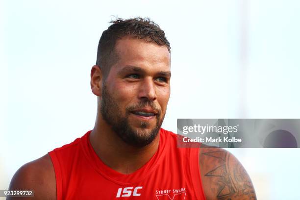 Lance Franklin of the Swans watches on during the AFL Inter Club match between the Sydney Swans and the Greater Western Sydney Giants at Henson Park...