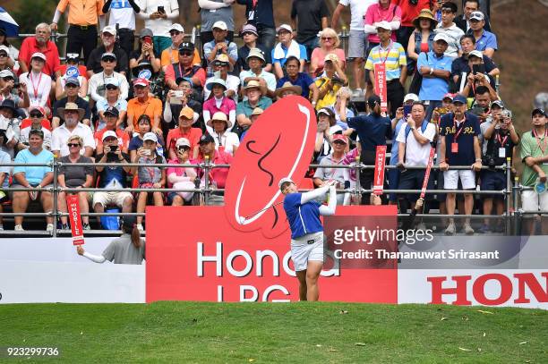 Ariya Jutanugarn of Thailand tees off at 1st hole during the Honda LPGA Thailand at Siam Country Club on February 23, 2018 in Chonburi, Thailand.