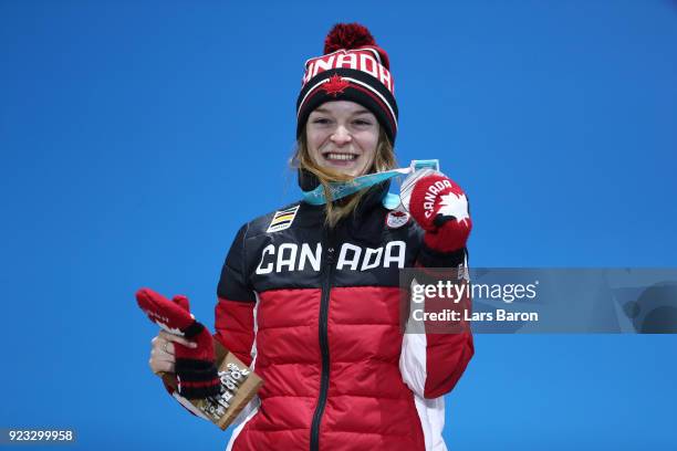 Silver medalist Kim Boutin of Canada celebrates during the medal ceremony for Short Track Speed Skating - Ladies' 1,000m on day 14 of the PyeongChang...