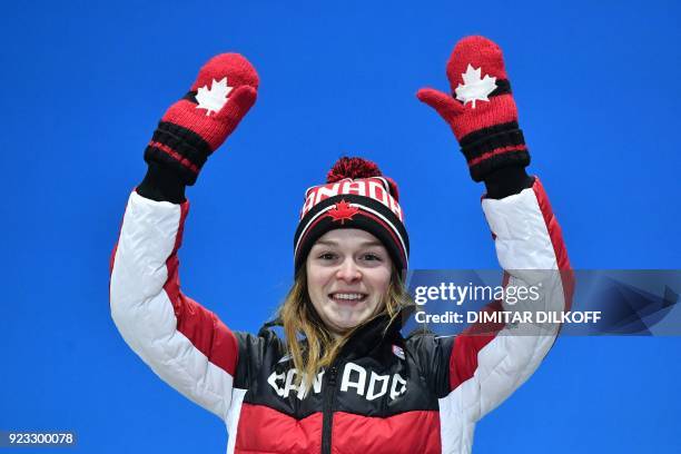 Canada's silver medallist Kim Boutin poses on the podium during the medal ceremony for the short track Women's 1000m at the Pyeongchang Medals Plaza...