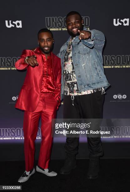 Actors Marcc Rose and Wavyy Jonez attend the premiere of USA Network's "Unsolved: The Murders of Tupac and The Notorious B.I.G. At Avalon on February...