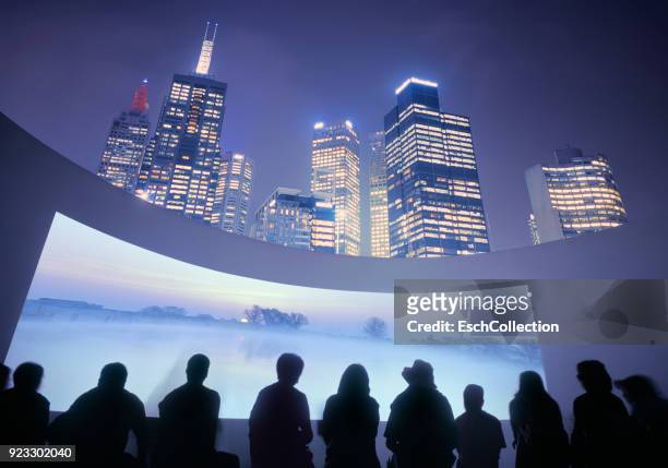 illuminated skyline with outdoor cinema, showing beautiful landscape - film projector bildbanksfoton och bilder