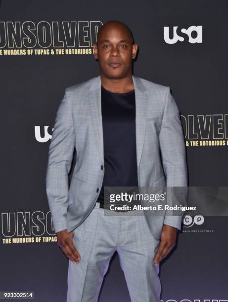 Actor Bokeem Woodbine attends the premiere of USA Network's "Unsolved: The Murders of Tupac and The Notorious B.I.G. At Avalon on February 22, 2018...