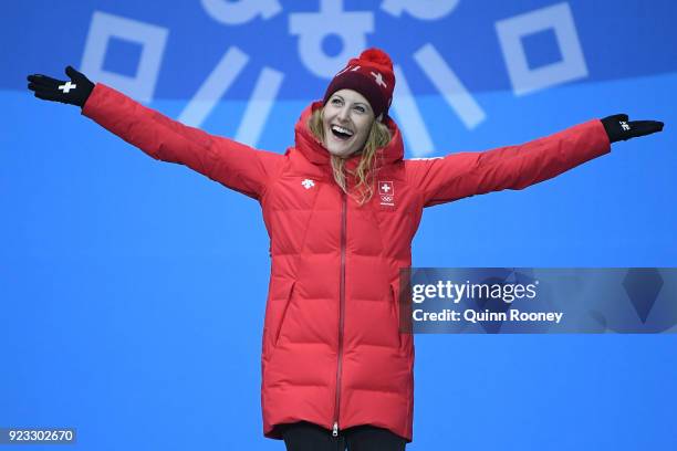 Bronze medalist Fanny Smith of Switzerland celebrates during the medal ceremony for Freestyle Skiing - Ladies' Ski Cross on day 14 of the PyeongChang...