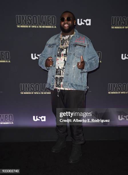 Actor Wavyy Jonez attends the premiere of USA Network's "Unsolved: The Murders of Tupac and The Notorious B.I.G. At Avalon on February 22, 2018 in...