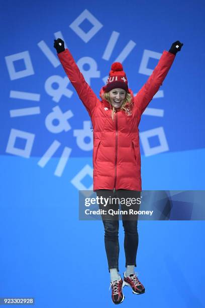 Bronze medalist Fanny Smith of Switzerland celebrates during the medal ceremony for Freestyle Skiing - Ladies' Ski Cross on day 14 of the PyeongChang...