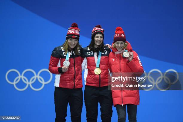 Silver medalist Brittany Phelan of Canada, gold medalist Kelsey Serwa of Canada and bronze medalist Fanny Smith of Switzerland celebrate during the...