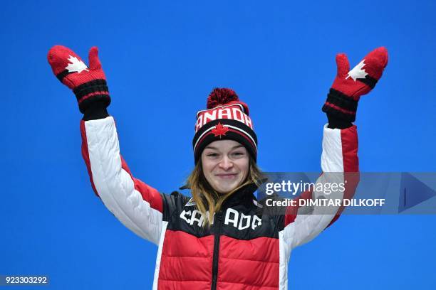 Canada's silver medallist Kim Boutin poses on the podium during the medal ceremony for the short track Women's 1000m at the Pyeongchang Medals Plaza...