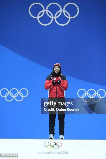 Gold medalist Kelsey Serwa of Canada celebrates during the medal ceremony for Freestyle Skiing - Ladies' Ski Cross on day 14 of the PyeongChang 2018...