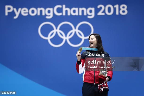 Gold medalist Kelsey Serwa of Canada celebrates during the medal ceremony for Freestyle Skiing - Ladies' Ski Cross on day 14 of the PyeongChang 2018...