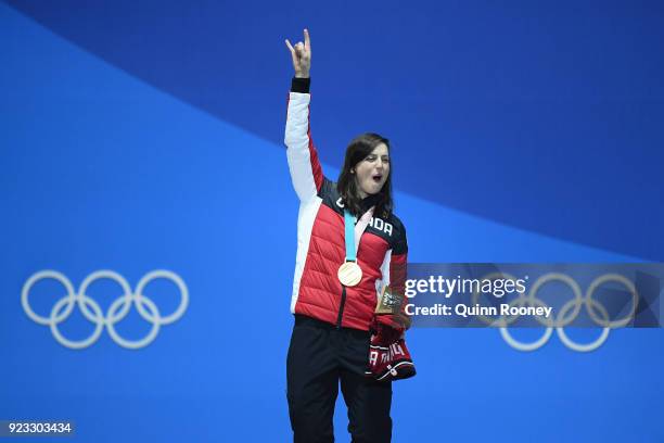 Gold medalist Kelsey Serwa of Canada celebrates during the medal ceremony for Freestyle Skiing - Ladies' Ski Cross on day 14 of the PyeongChang 2018...