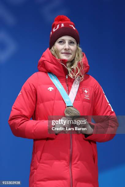 Bronze medalist Fanny Smith of Switzerland celebrates during the medal ceremony for Freestyle Skiing - Ladies' Ski Cross on day 14 of the PyeongChang...