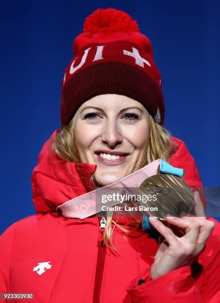 Bronze medalist Fanny Smith of Switzerland celebrates during the medal ceremony for Freestyle Skiing - Ladies' Ski Cross on day 14 of the PyeongChang...