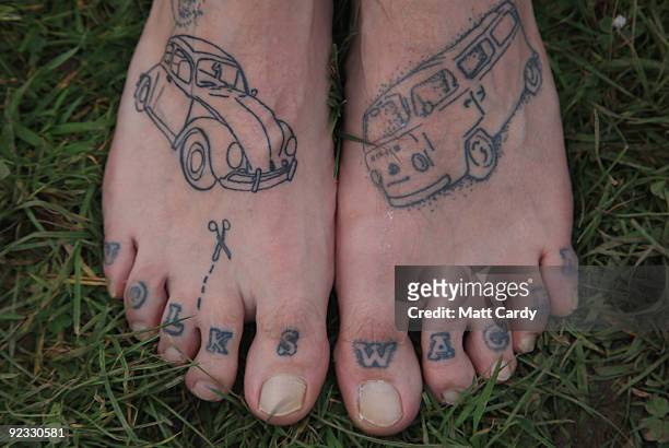 Volkswagen enthusiast, Chris Redford, shows his VW themed tattoos at the Final Fling VW Show on October 24, 2009 in Woolacombe, England. The small...