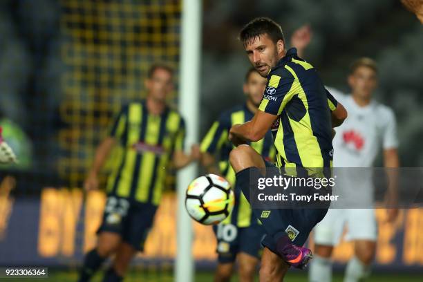 Antony Golec of the Mariners in action during the round 21 A-League match between the Central Coast Mariners and the Wellington Phoenix at Central...