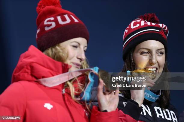 Bronze medalist Fanny Smith of Switzerland and gold medalist Kelsey Serwa of Canada celebrate during the medal ceremony for Freestyle Skiing -...