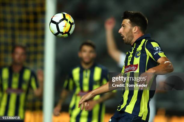 Antony Golec of the Mariners in action during the round 21 A-League match between the Central Coast Mariners and the Wellington Phoenix at Central...