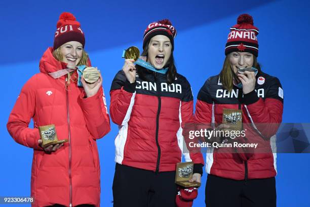 Bronze medalist Fanny Smith of Switzerland, gold medalist Kelsey Serwa of Canada and silver medalist Brittany Phelan of Canada celebrate during the...