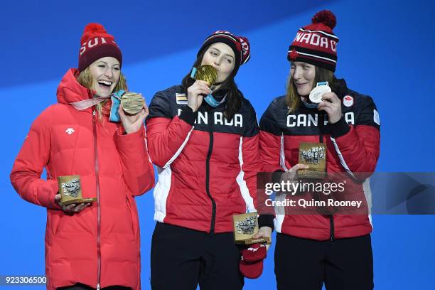 Bronze medalist Fanny Smith of Switzerland, gold medalist Kelsey Serwa of Canada and silver medalist Brittany Phelan of Canada celebrate during the...