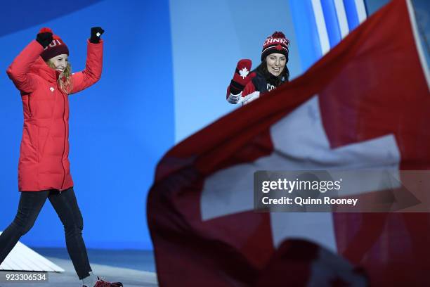 Bronze medalist Fanny Smith of Switzerland and gold medalist Kelsey Serwa of Canada celebrate during the medal ceremony for Freestyle Skiing -...
