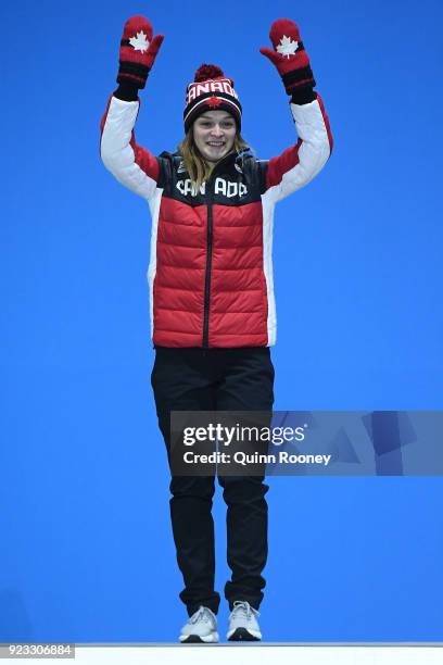 Silver medalist Kim Boutin of Canada celebrates during the medal ceremony for Short Track Speed Skating - Ladies' 1,000m on day 14 of the PyeongChang...