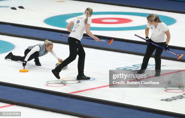 Anna Sloan of Great Britain delivers a stone during the Women's Semi Final match between Great Britain and Sweden on day fourteen of the PyeongChang...