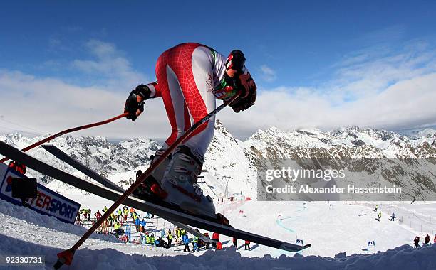 Michal Klusak of Poland starts for the Men's giant slalom event of the Men's Alpine Skiing FIS World Cup at the Rettenbachgletscher on October 25,...