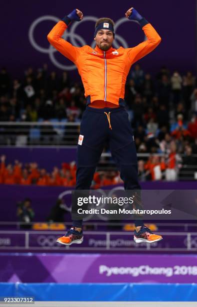 Gold medalist Kjeld Nuis of the Netherlands celebrates on the podium during the medal ceremony after the Men's 1,000m on day 14 of the PyeongChang...