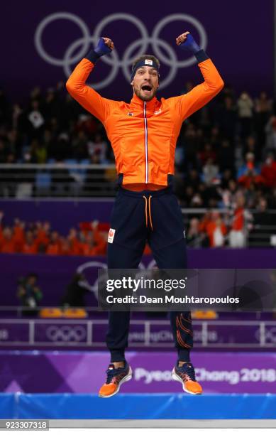 Gold medalist Kjeld Nuis of the Netherlands celebrates on the podium during the medal ceremony after the Men's 1,000m on day 14 of the PyeongChang...