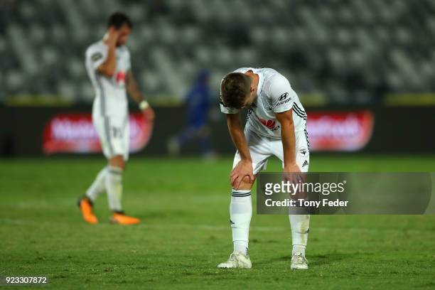 Dylan Fox of the Phoenix looks dejected after losing to the Mariners during the round 21 A-League match between the Central Coast Mariners and the...