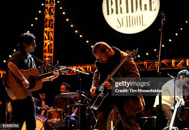 Conor Oberst, Jim James, and M Ward, of Monsters of Folk perform as part of the 23rd Annual Bridge School Benefit at Shoreline Amphitheatre on...