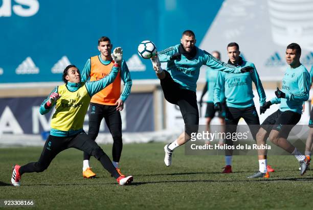 The players of Real Madrid warms up during a training session at Valdebebas training ground on February 23, 2018 in Madrid, Spain.