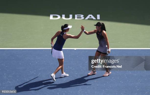 Hao-Ching Chan of Taiwan and Zhaoxuan Yang of China celebrates after winning the women's doubles semi final match against Alicja Rosolska of Poland...