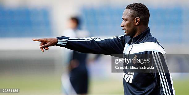 Mahamadou Diarra of Real Madrid points during a training session, ahead of Tuesday's Copa del Rey match against Alcorcon, at Valdebebas on October...