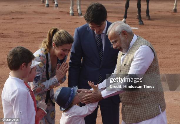 Canadian Prime Minister Justin Trudeau and his family with PM Narendra Modi at the ceremonial reception at Rashtrapati Bhawan on February 23, 2018 in...