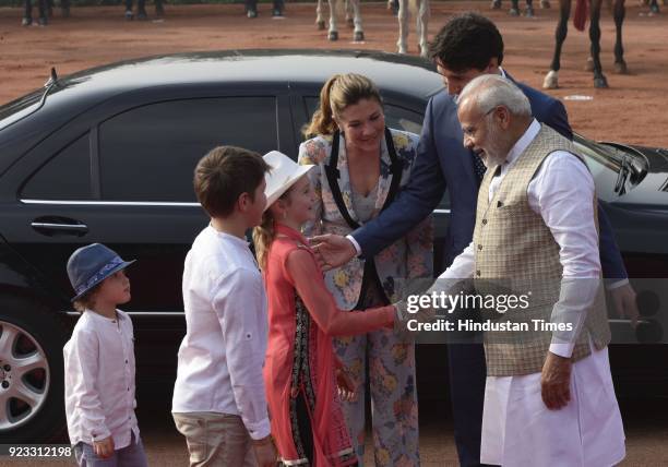 Canadian Prime Minister Justin Trudeau and his family with PM Narendra Modi at the ceremonial reception at Rashtrapati Bhawan on February 23, 2018 in...