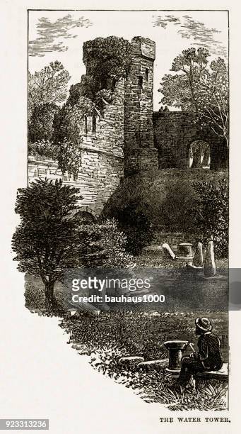 water tower in chester, england victorian engraving, 1840 - water tower storage tank stock illustrations