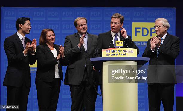 Guido Westerwelle , head of the German Free Democrats and new Vice Chancellor and Foreign Minister designate, gestures at a special congress of the...