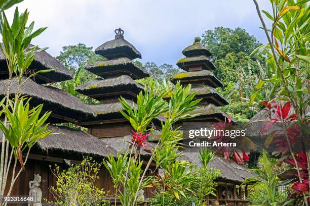 Multi-tiered meru towers at Pura Luhur Batukaru, Hindu temple in Tabanan on southern slope of Mount Batukaru, volcano on the island Bali, Indonesia.