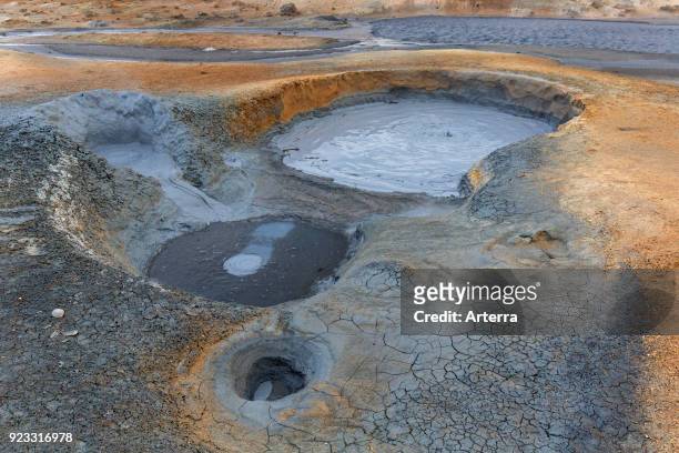 Boiling mudpools - mudpots at Hverir, geothermal area near Namafjall, Norourland eystra - Nordurland eystra, Iceland.