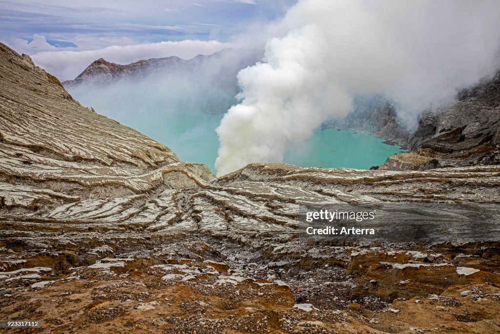 Sulfuric lake of Kawah Ijen Mountain's cauldron in the Banyuwangi Regency of East Java.
